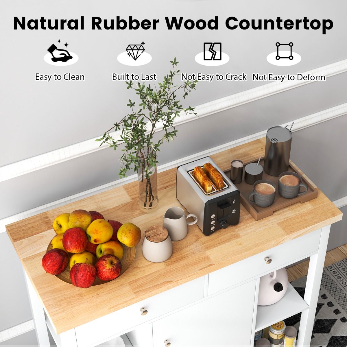 Coast Mobile Kitchen Trolley îlot de cuisine roulant blanc 99 x 46 x 90 cm avec plateau en bois caoutchouté, 4 étagères ouvertes, 2 tiroirs profonds et 1 placard fermé