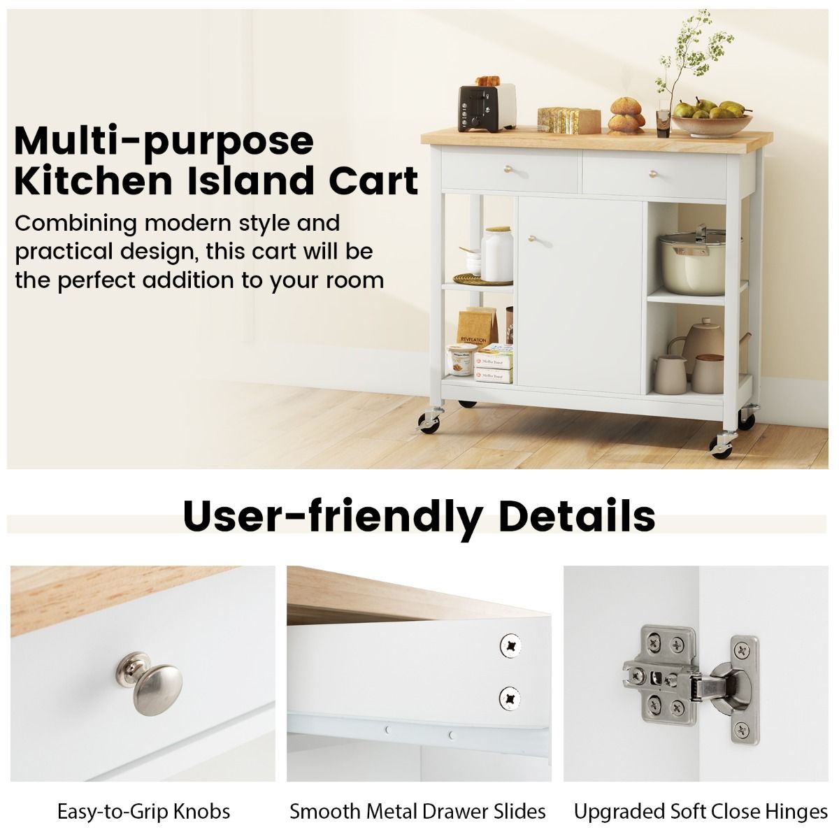 Coast Mobile Kitchen Trolley îlot de cuisine roulant blanc 99 x 46 x 90 cm avec plateau en bois caoutchouté, 4 étagères ouvertes, 2 tiroirs profonds et 1 placard fermé