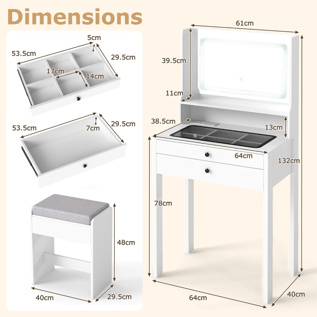 Coast Dressing Table avec miroir LED et tabouret - 64 x 40 x 132 cm - blanc - avec plateau en verre trempé et prises de courant