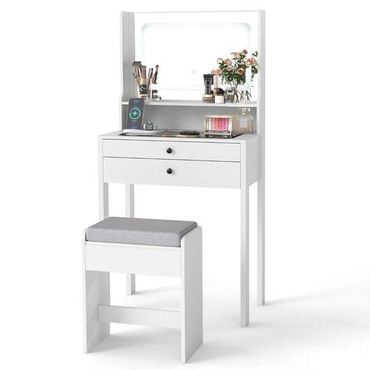 Coast Dressing Table avec miroir LED et tabouret - 64 x 40 x 132 cm - blanc - avec plateau en verre trempé et prises de courant