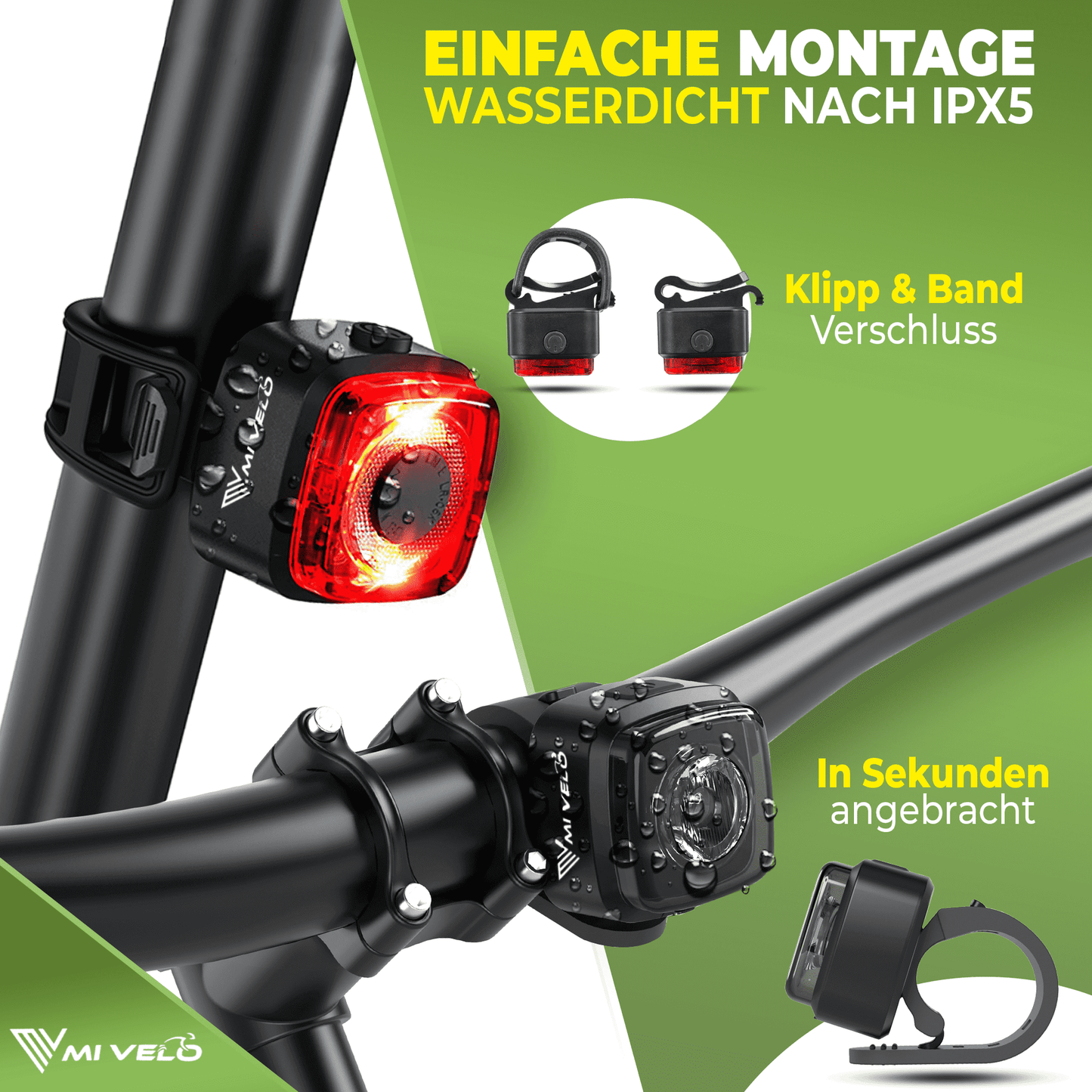 Mivelo - Kit d'éclairage LED pour vélo 'Cube Pro' rechargeable par USB avec feu de freinage - Noir