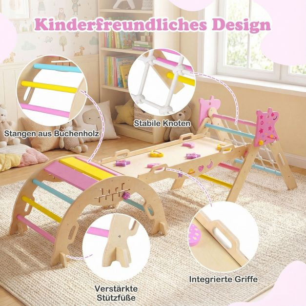 Coast Montessori Climbing Set Natural/Macaron - Triangle d'escalade en bois 8-en-1 avec arche et toboggan - Rampe 90 x 38,5 x 13 cm
