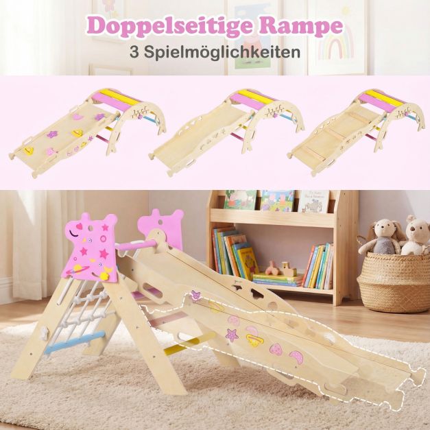 Coast Montessori Climbing Set Natural/Macaron - Triangle d'escalade en bois 8-en-1 avec arche et toboggan - Rampe 90 x 38,5 x 13 cm