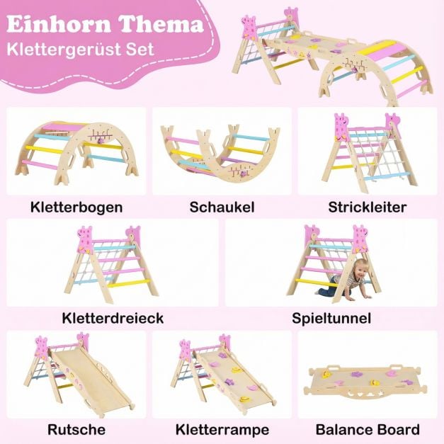 Coast Montessori Climbing Set Natural/Macaron - Triangle d'escalade en bois 8-en-1 avec arche et toboggan - Rampe 90 x 38,5 x 13 cm