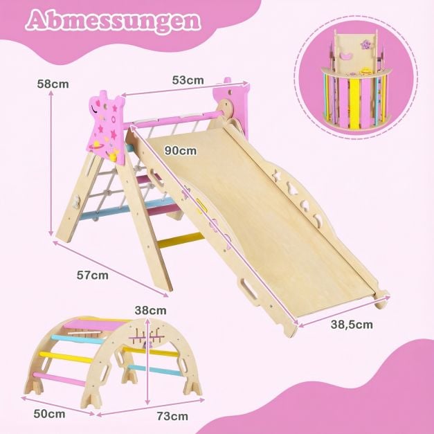 Coast Montessori Climbing Set Natural/Macaron - Triangle d'escalade en bois 8-en-1 avec arche et toboggan - Rampe 90 x 38,5 x 13 cm