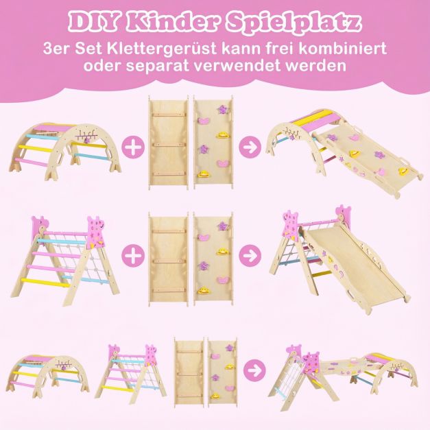 Coast Montessori Climbing Set Natural/Macaron - Triangle d'escalade en bois 8-en-1 avec arche et toboggan - Rampe 90 x 38,5 x 13 cm