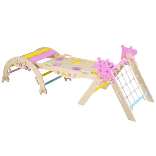 Coast Montessori Climbing Set Natural/Macaron - Triangle d'escalade en bois 8-en-1 avec arche et toboggan - Rampe 90 x 38,5 x 13 cm