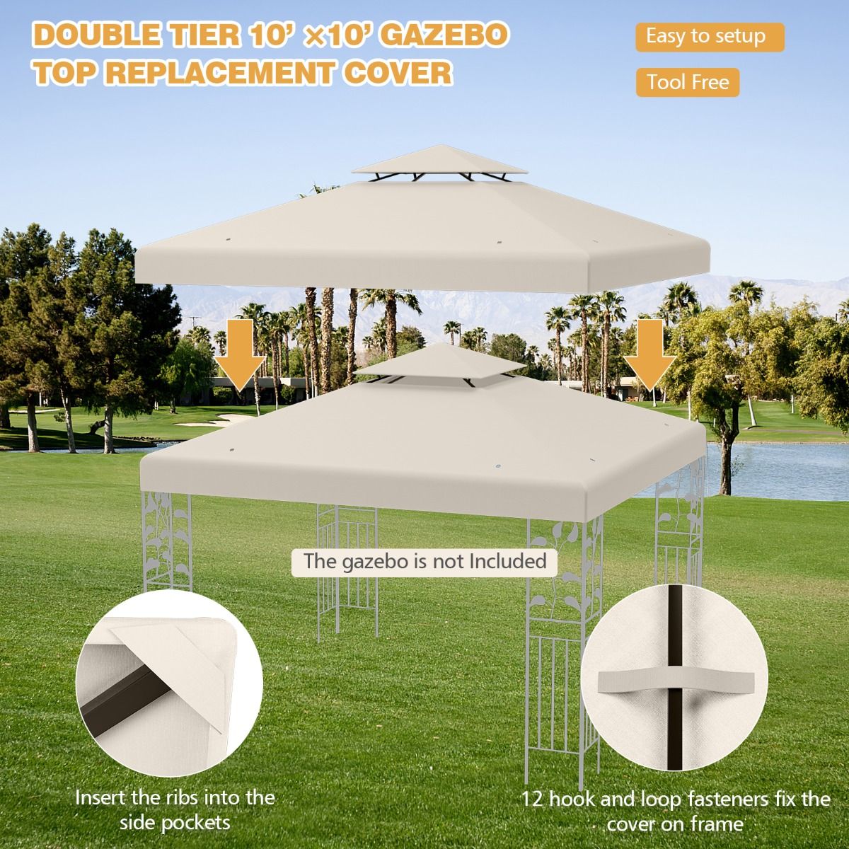 Coast Replacement Roof - Résistant aux intempéries - 3x3 M - Avec trous de drainage et attaches Velcro - Beige