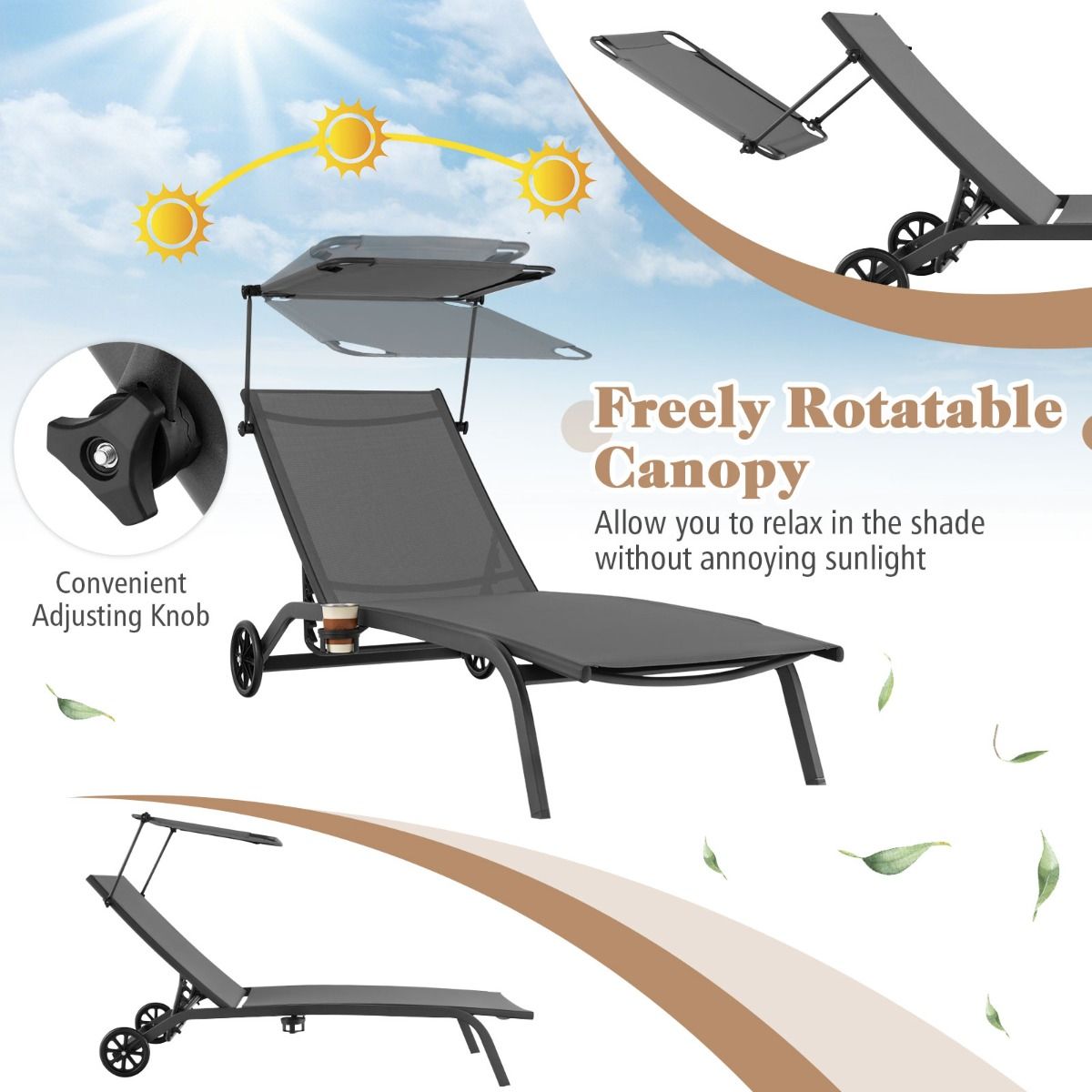 Coast Terrace Lounger Chaise longue pour l'extérieur Gris 165-191x61x40-96 cm Dossier réglable avec capuche et porte-gobelet