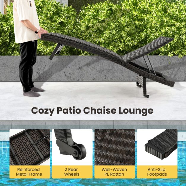 Chaise de jardin Coast - rembourrée - 5 niveaux - roulettes arrière - 195 x 61 x 38-97 cm - noire