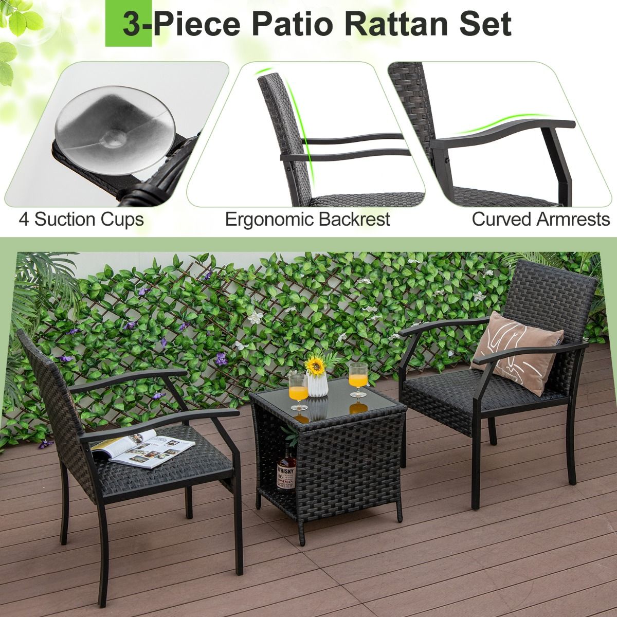 Coast 3-Piece Wicker Patio Set - 2 Chaises tapissées 66x59x87 cm + Table basse 46x46x49 cm - Mélange brun, verre trempé & rotin PE