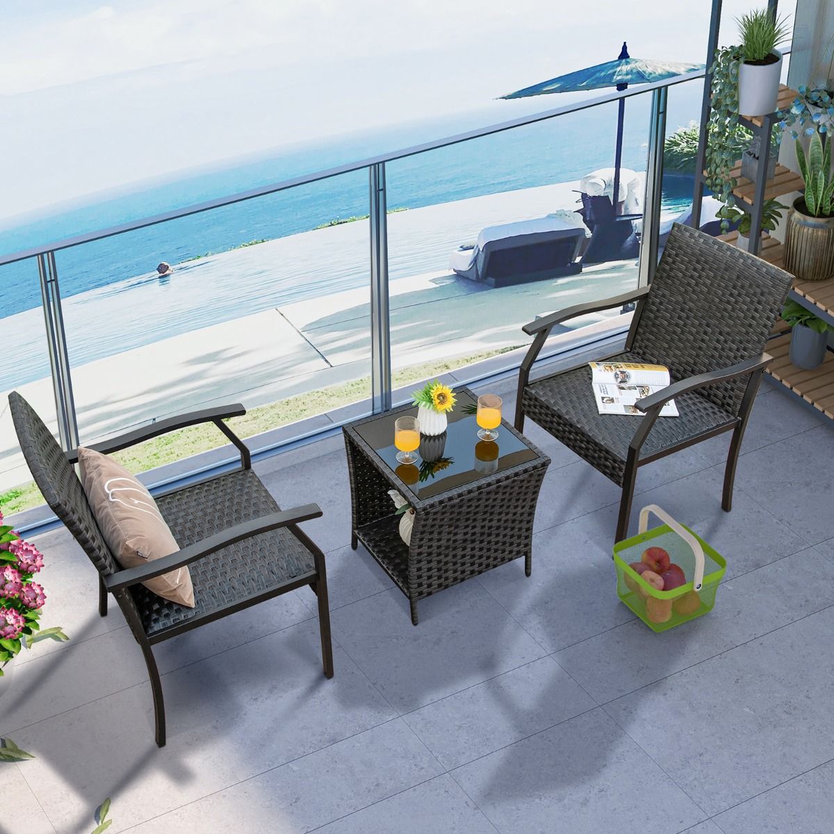 Coast 3-Piece Wicker Patio Set - 2 Chaises tapissées 66x59x87 cm + Table basse 46x46x49 cm - Mélange brun, verre trempé & rotin PE