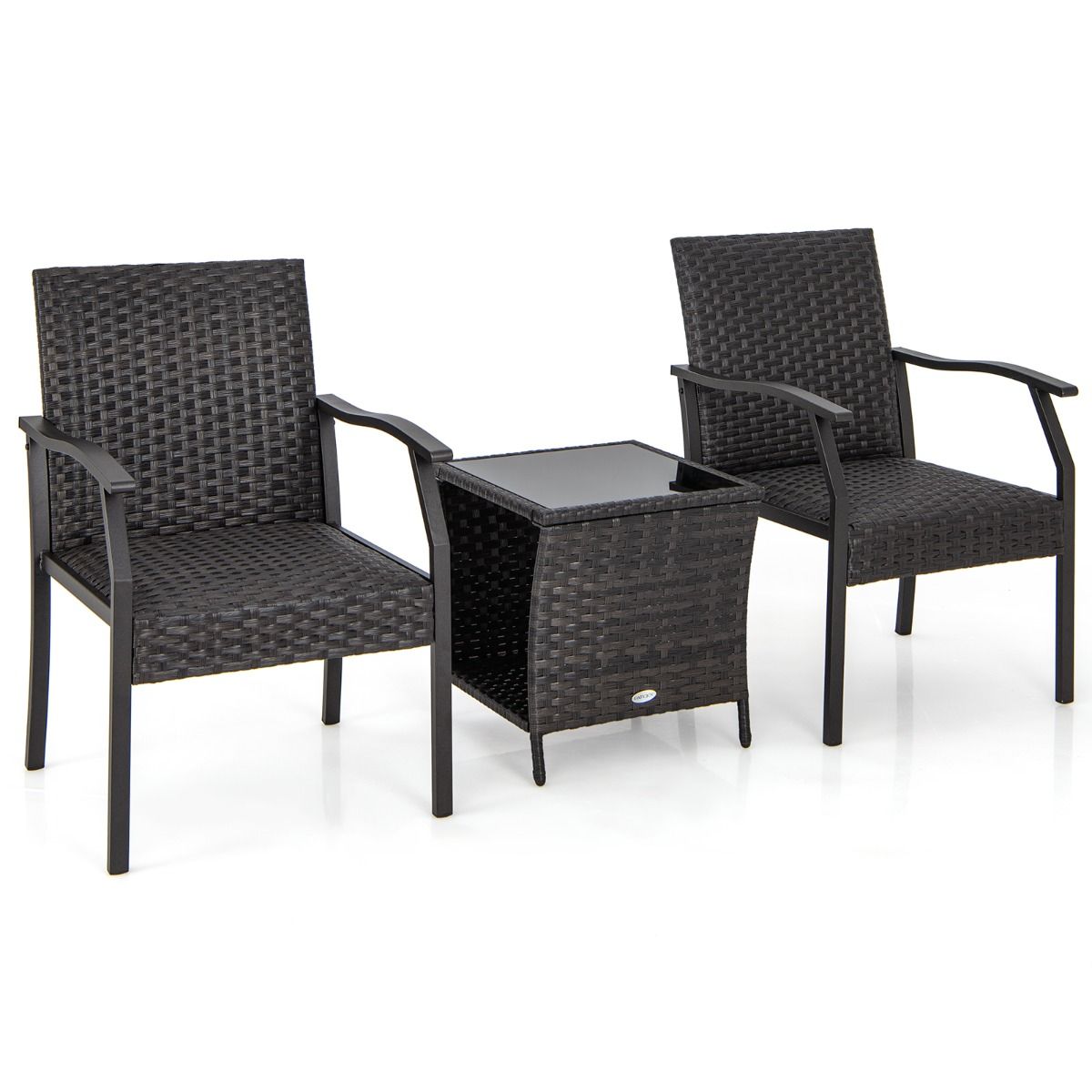 Coast 3-Piece Wicker Patio Set - 2 Chaises tapissées 66x59x87 cm + Table basse 46x46x49 cm - Mélange brun, verre trempé & rotin PE