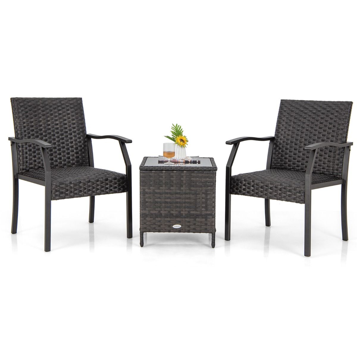 Coast 3-Piece Wicker Patio Set - 2 Chaises tapissées 66x59x87 cm + Table basse 46x46x49 cm - Mélange brun, verre trempé & rotin PE