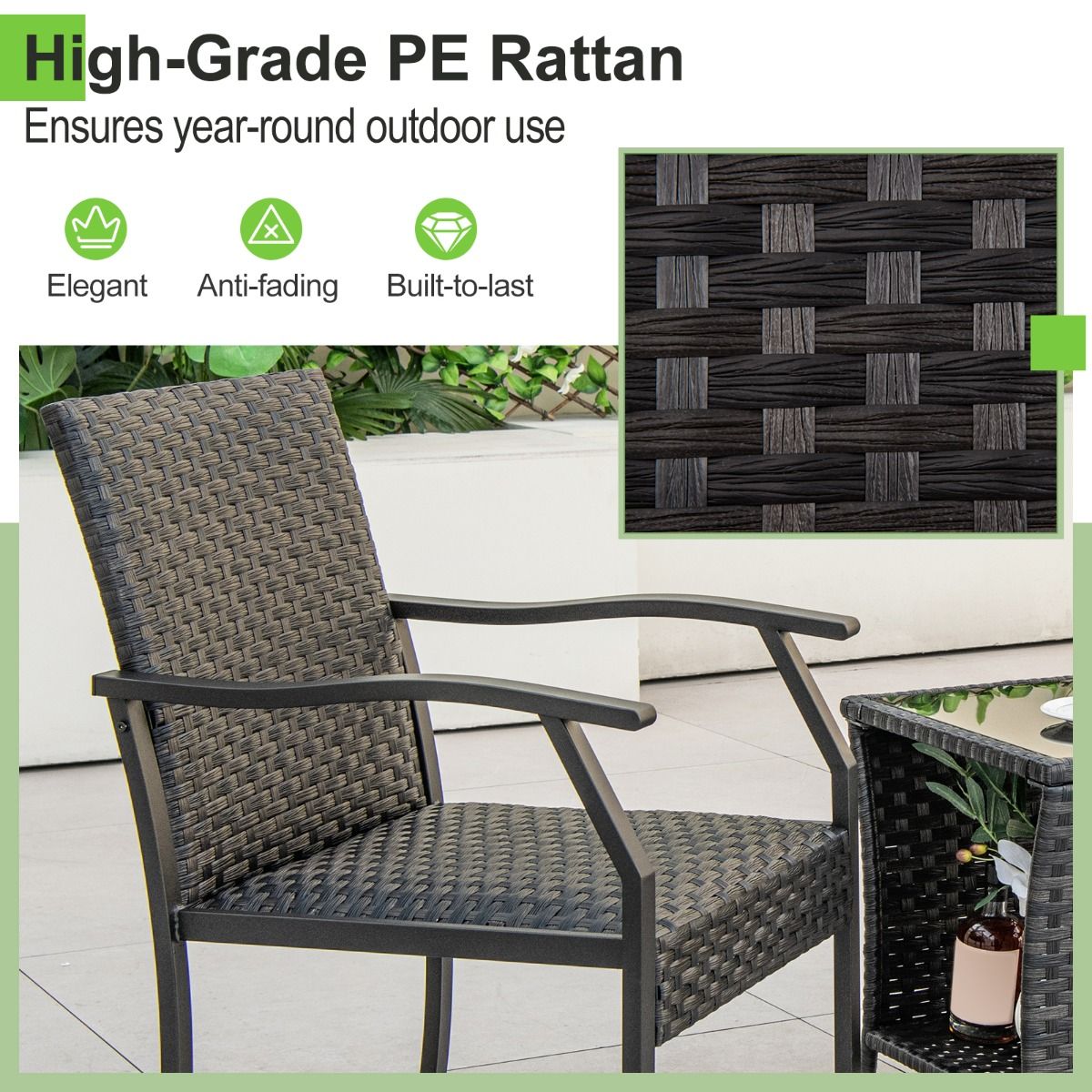Coast 3-Piece Wicker Patio Set - 2 Chaises tapissées 66x59x87 cm + Table basse 46x46x49 cm - Mélange brun, verre trempé & rotin PE