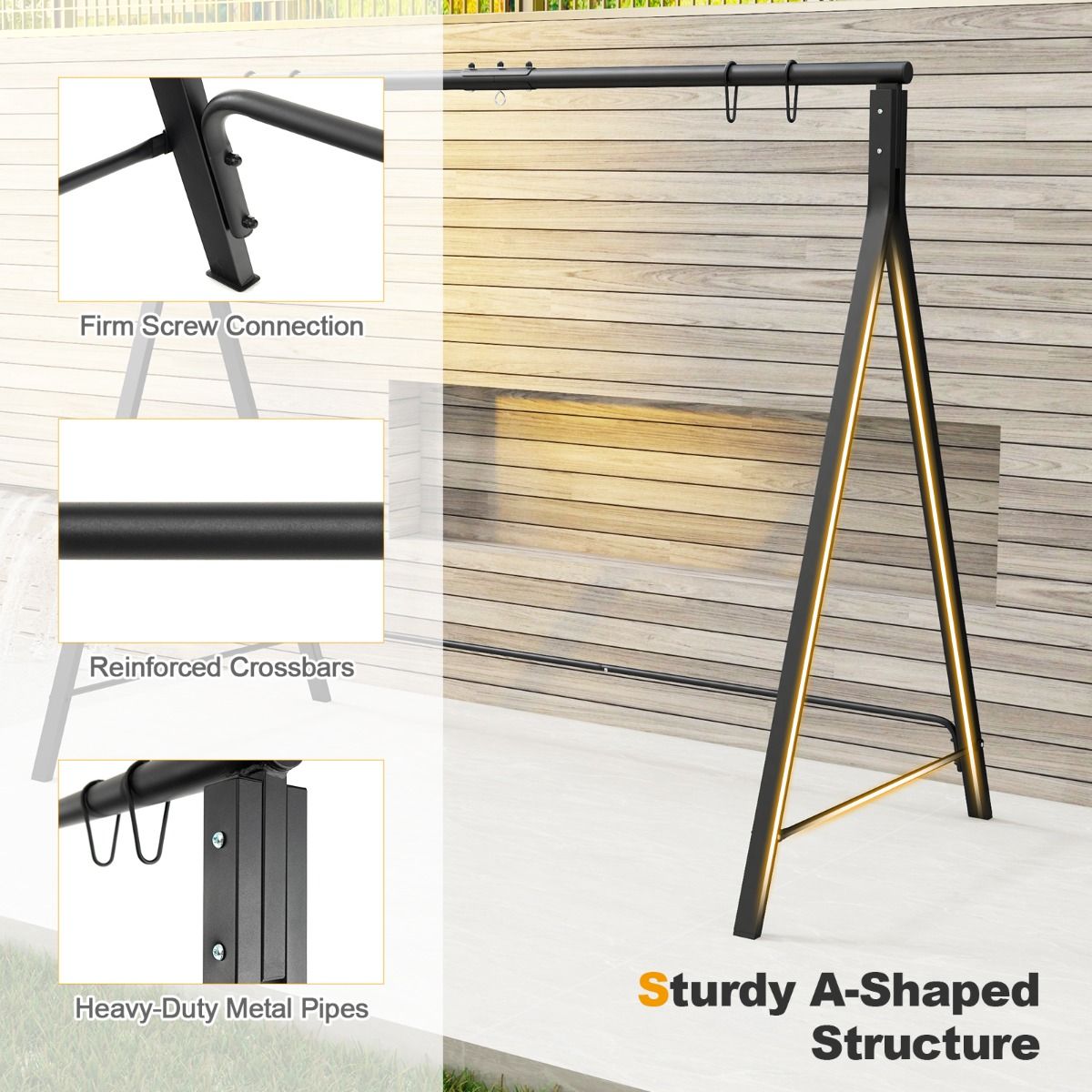Cadre Coast pour banc/chaise suspendue - 5 anneaux de suspension - métal noir -210 x 115 x 175 cm - Max 160kg