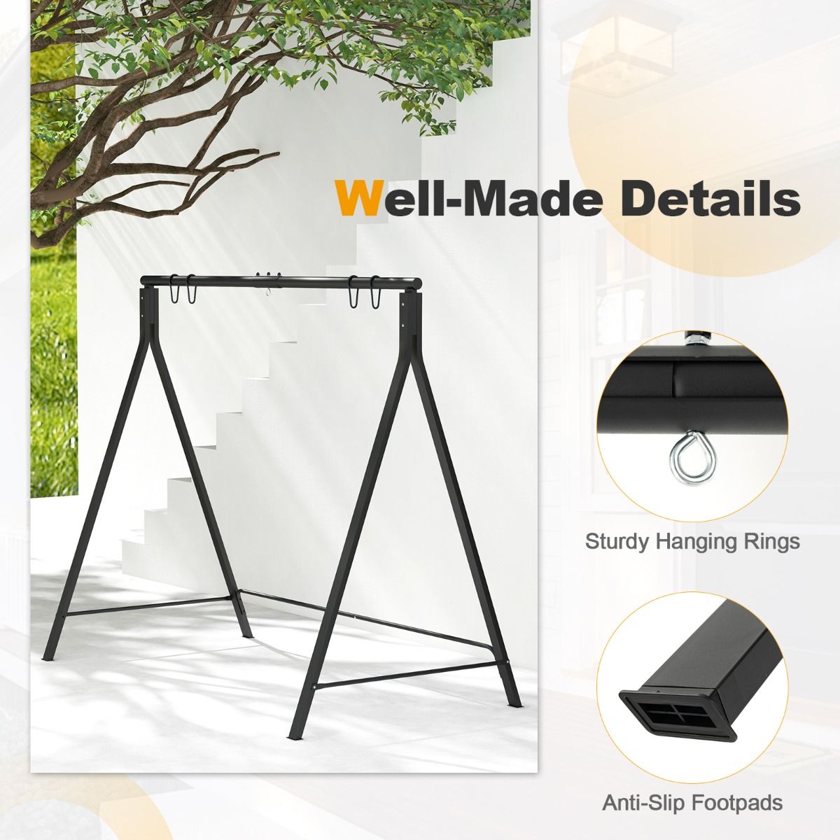 Cadre Coast pour banc/chaise suspendue - 5 anneaux de suspension - métal noir -210 x 115 x 175 cm - Max 160kg