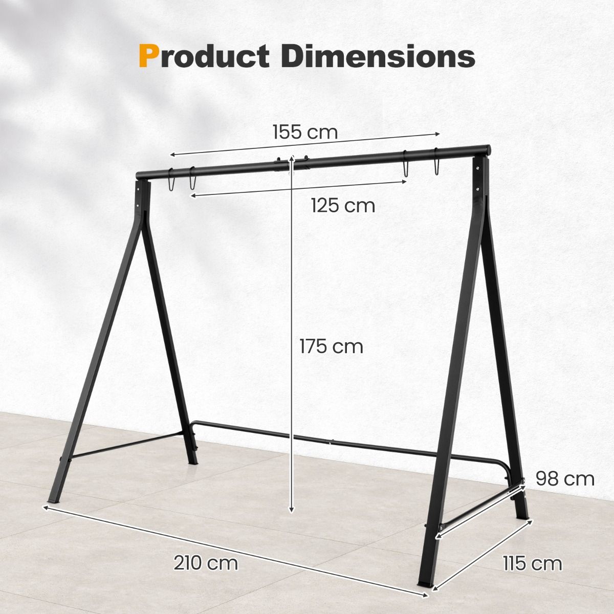 Cadre Coast pour banc/chaise suspendue - 5 anneaux de suspension - métal noir -210 x 115 x 175 cm - Max 160kg
