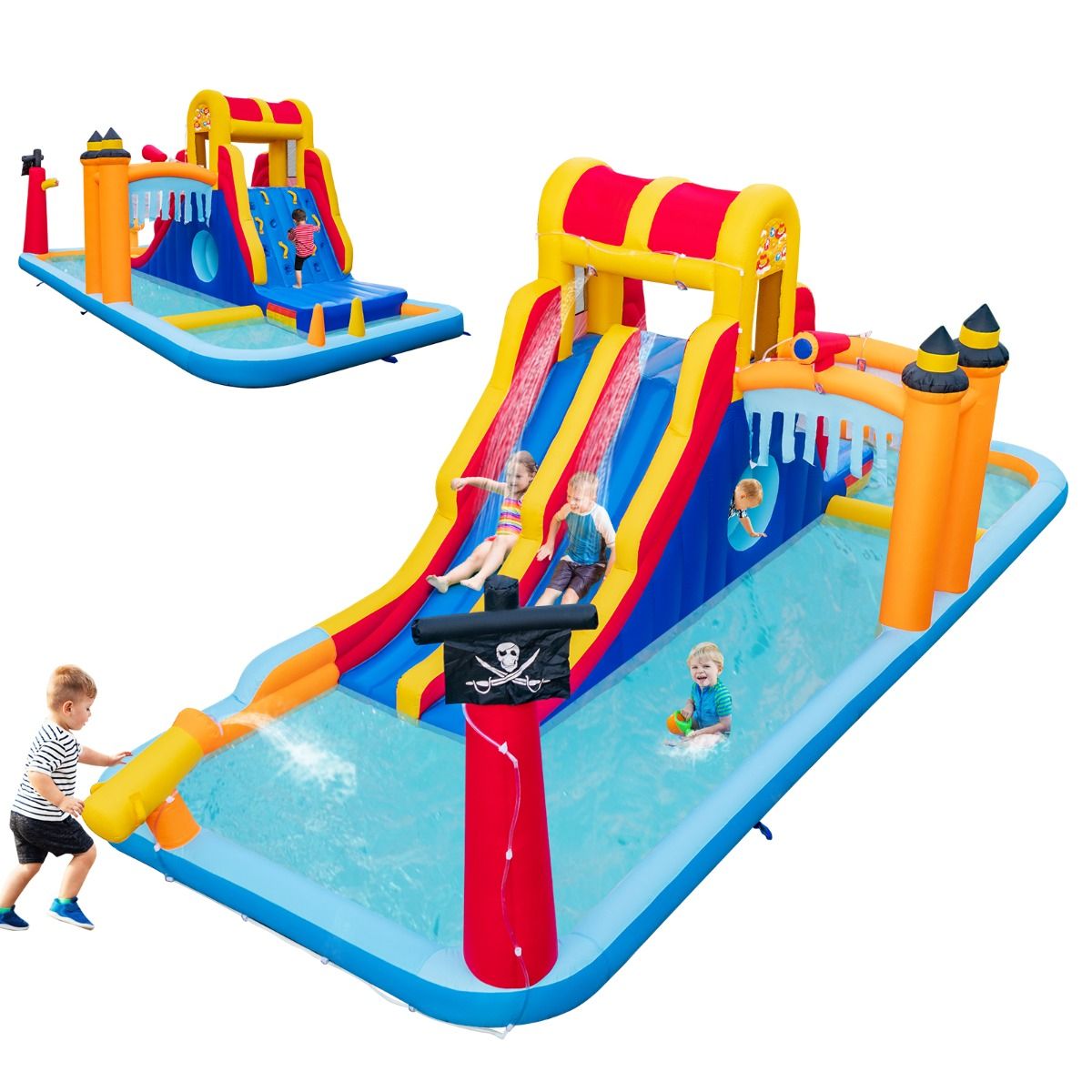 Coast Inflatable Water Park 693 x 295 x 263 cm - Double toboggan aquatique avec mur d'escalade, bassins d'éclaboussures et canon à eau