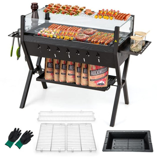 Coast Camping Grill - Charbon de bois - Pare-brise - Acier inoxydable - Support de rangement - 98 x 42 x 68 cm - Brun Noir