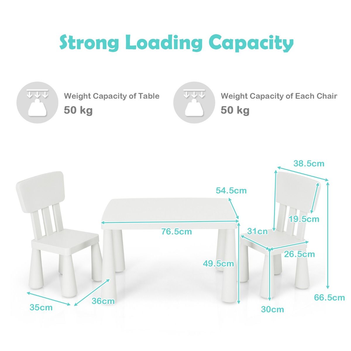 Coast 3-Piece Children's Table Set - 1 Table avec 2 Chaises - 76.5 x 54.5 x 49.5 cm - Polypropylène - Blanc