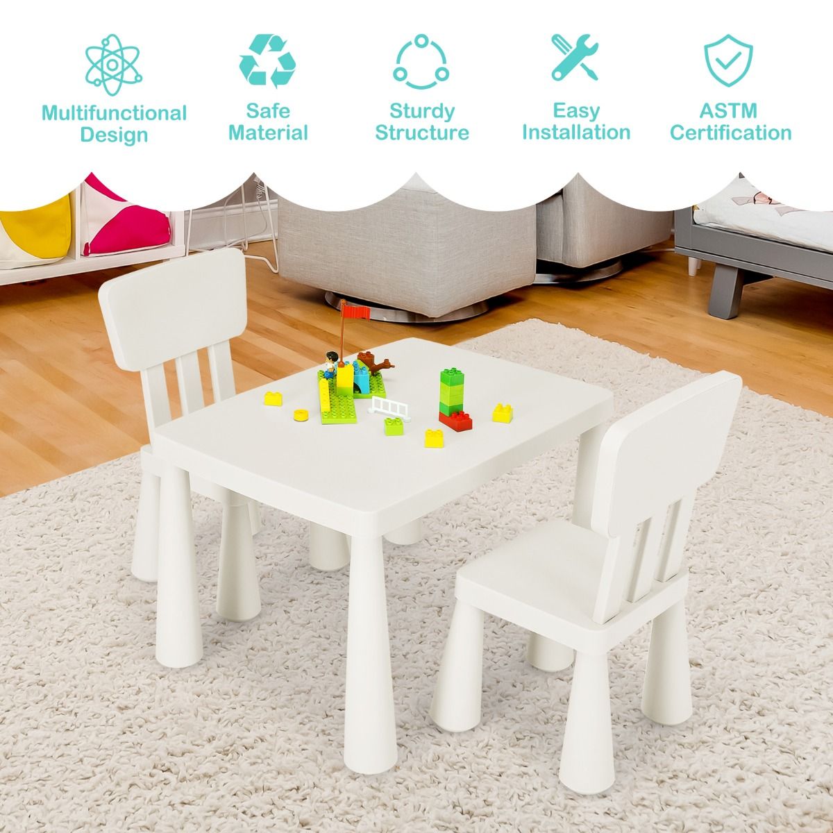 Coast 3-Piece Children's Table Set - 1 Table avec 2 Chaises - 76.5 x 54.5 x 49.5 cm - Polypropylène - Blanc