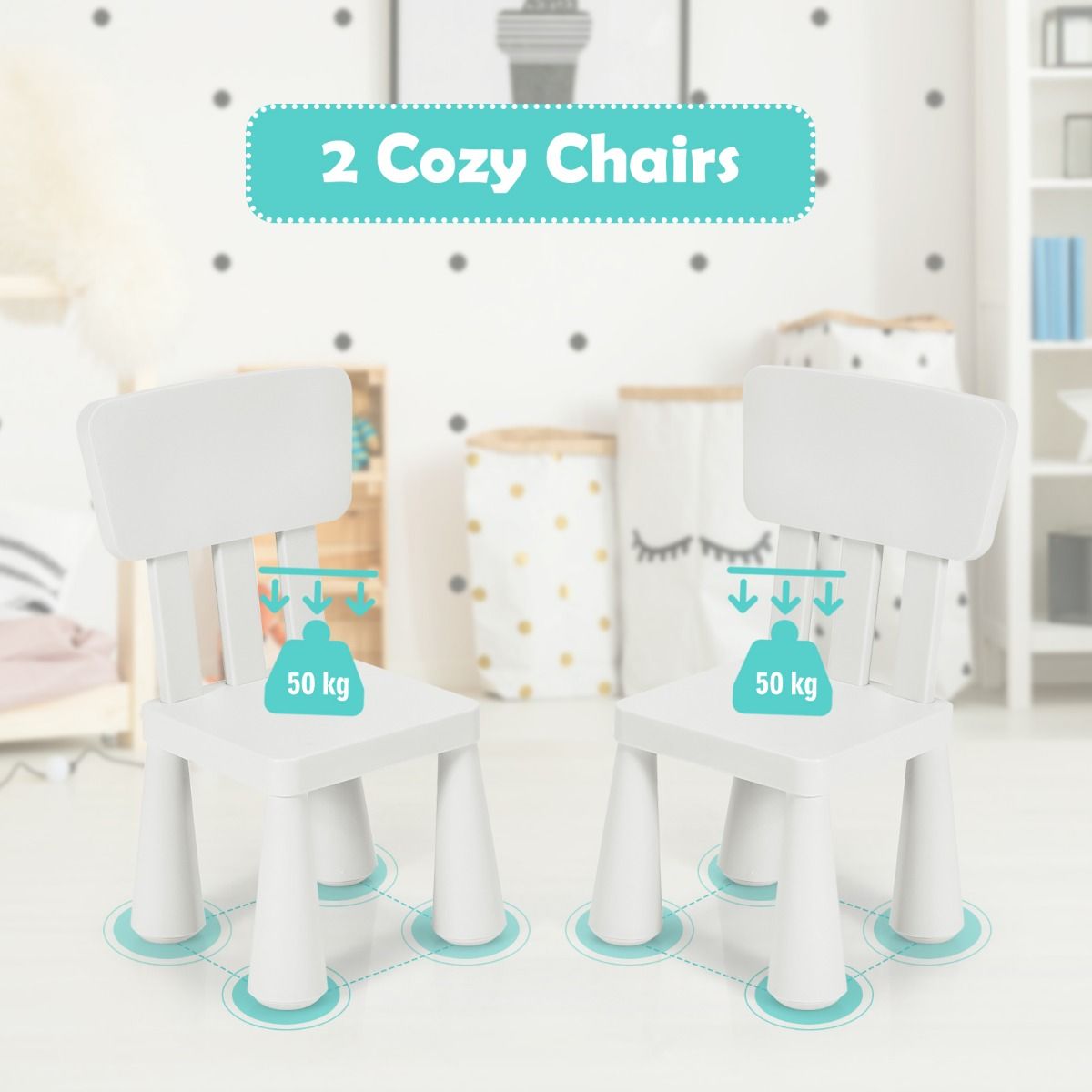 Coast 3-Piece Children's Table Set - 1 Table avec 2 Chaises - 76.5 x 54.5 x 49.5 cm - Polypropylène - Blanc