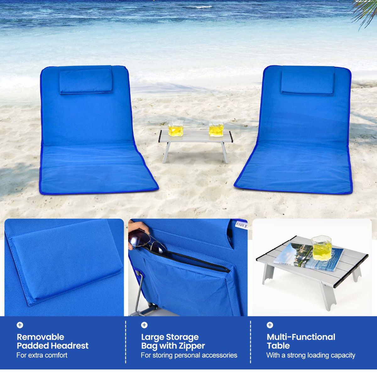 Tapis de plage et table d'appoint Coast - Lot de 3 - Bleu - Pliable