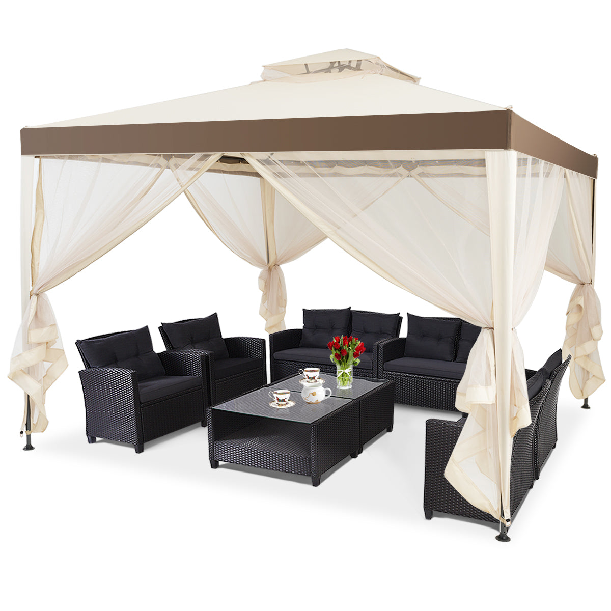 Coast Pavillon de jardin (tente de réception) - 4 parois latérales incluses, imperméable et anti-UV - 300 x 300 x 265 cm - Acier/Polyester - Beige