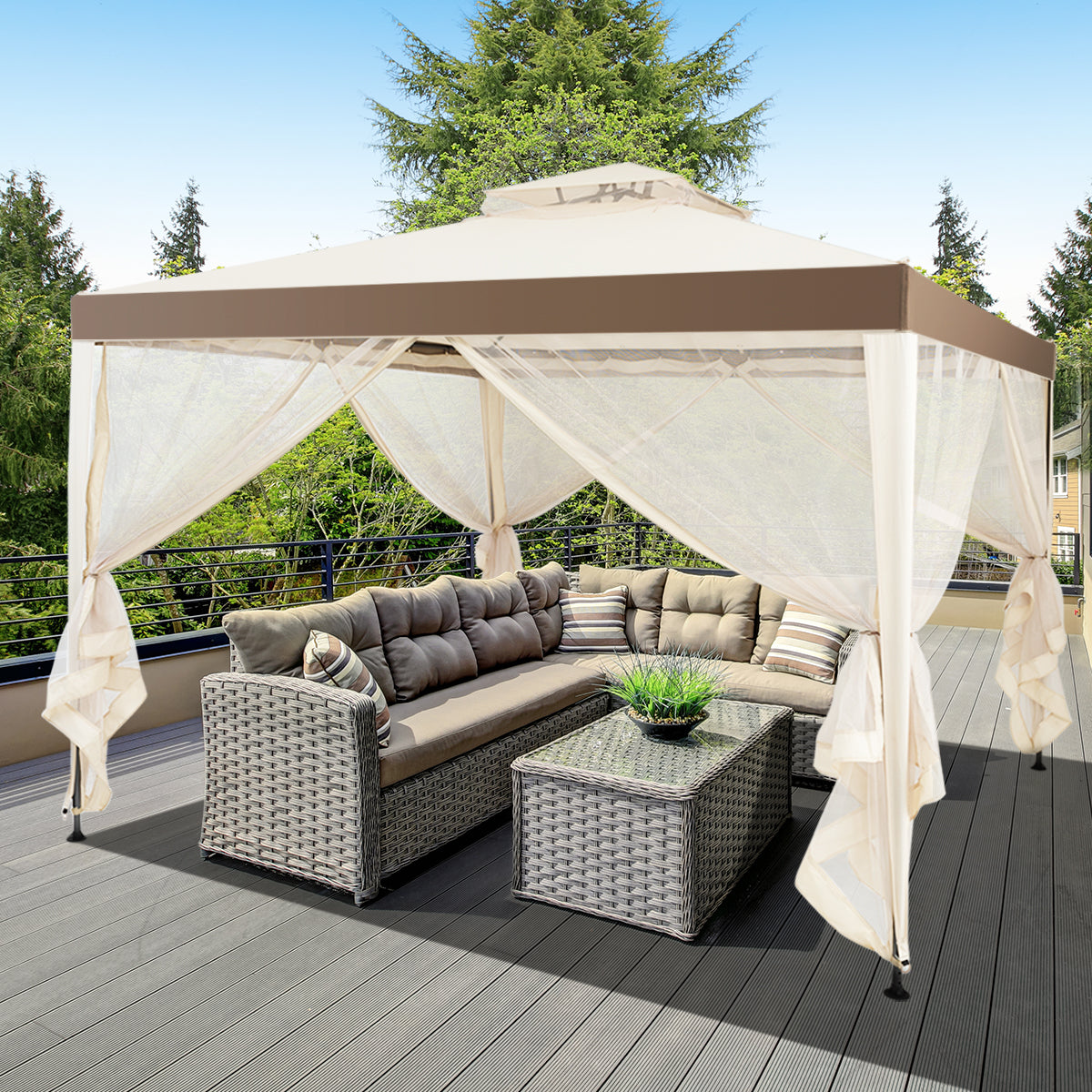 Coast Pavillon de jardin (tente de réception) - 4 parois latérales incluses, imperméable et anti-UV - 300 x 300 x 265 cm - Acier/Polyester - Beige