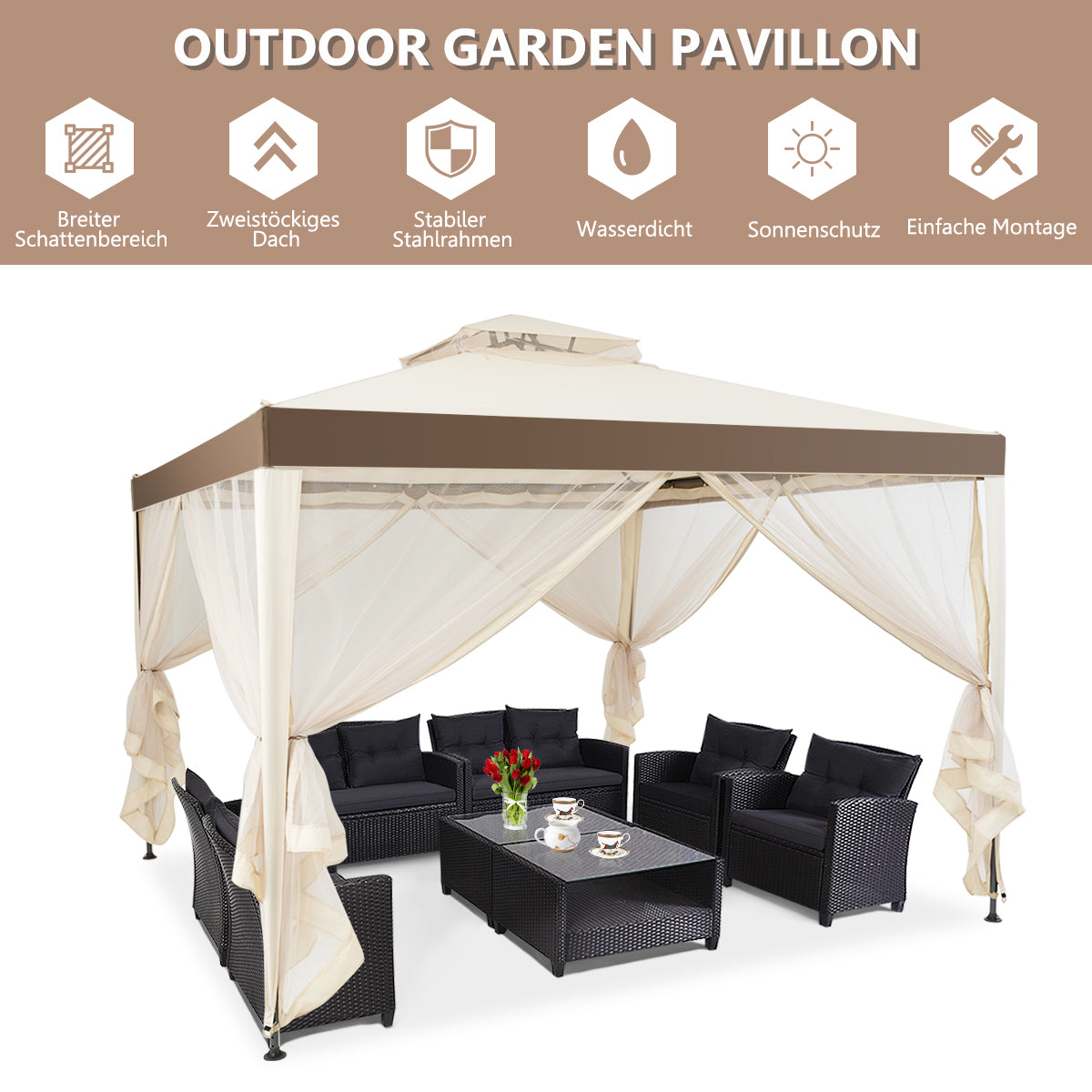 Coast Pavillon de jardin (tente de réception) - 4 parois latérales incluses, imperméable et anti-UV - 300 x 300 x 265 cm - Acier/Polyester - Beige