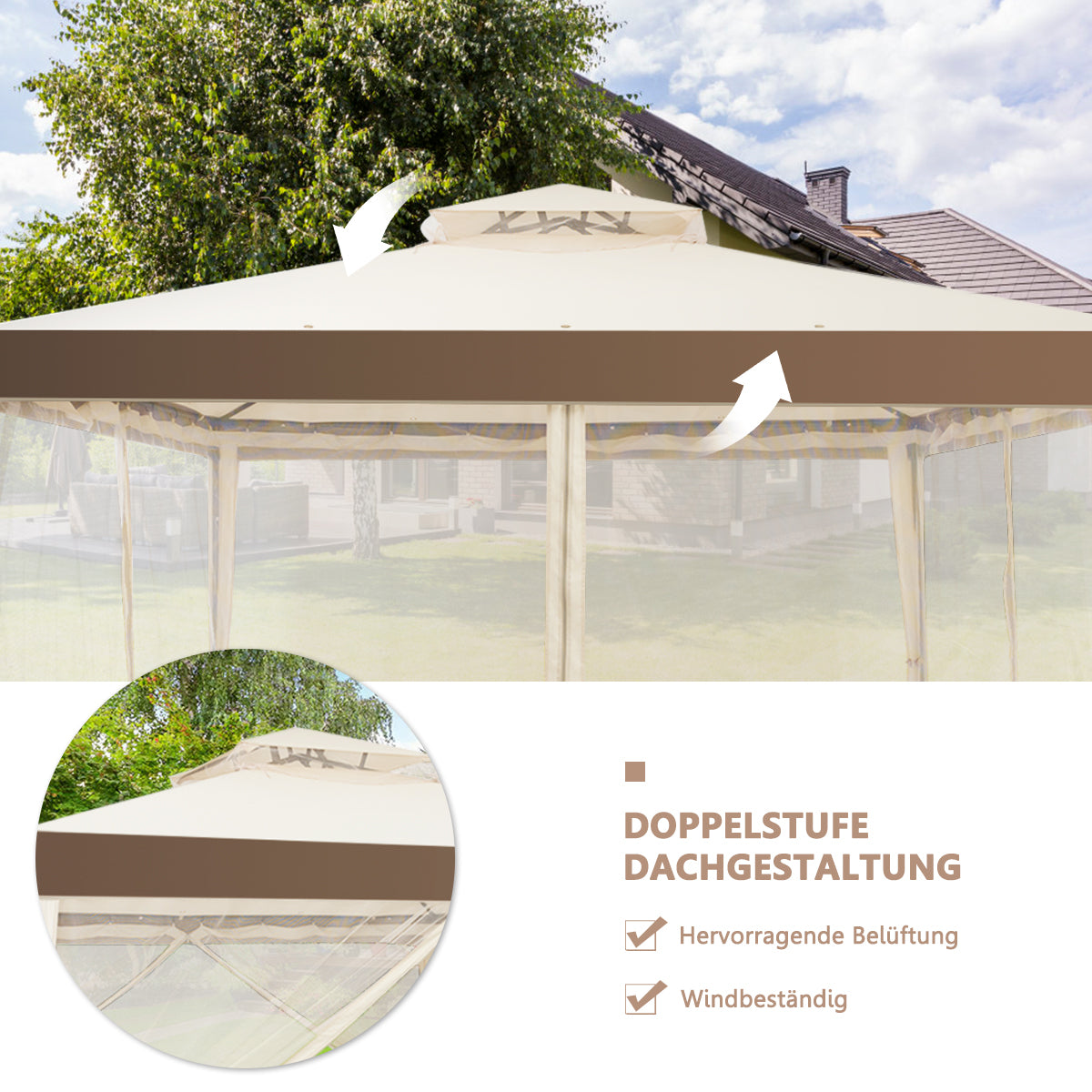 Coast Pavillon de jardin (tente de réception) - 4 parois latérales incluses, imperméable et anti-UV - 300 x 300 x 265 cm - Acier/Polyester - Beige