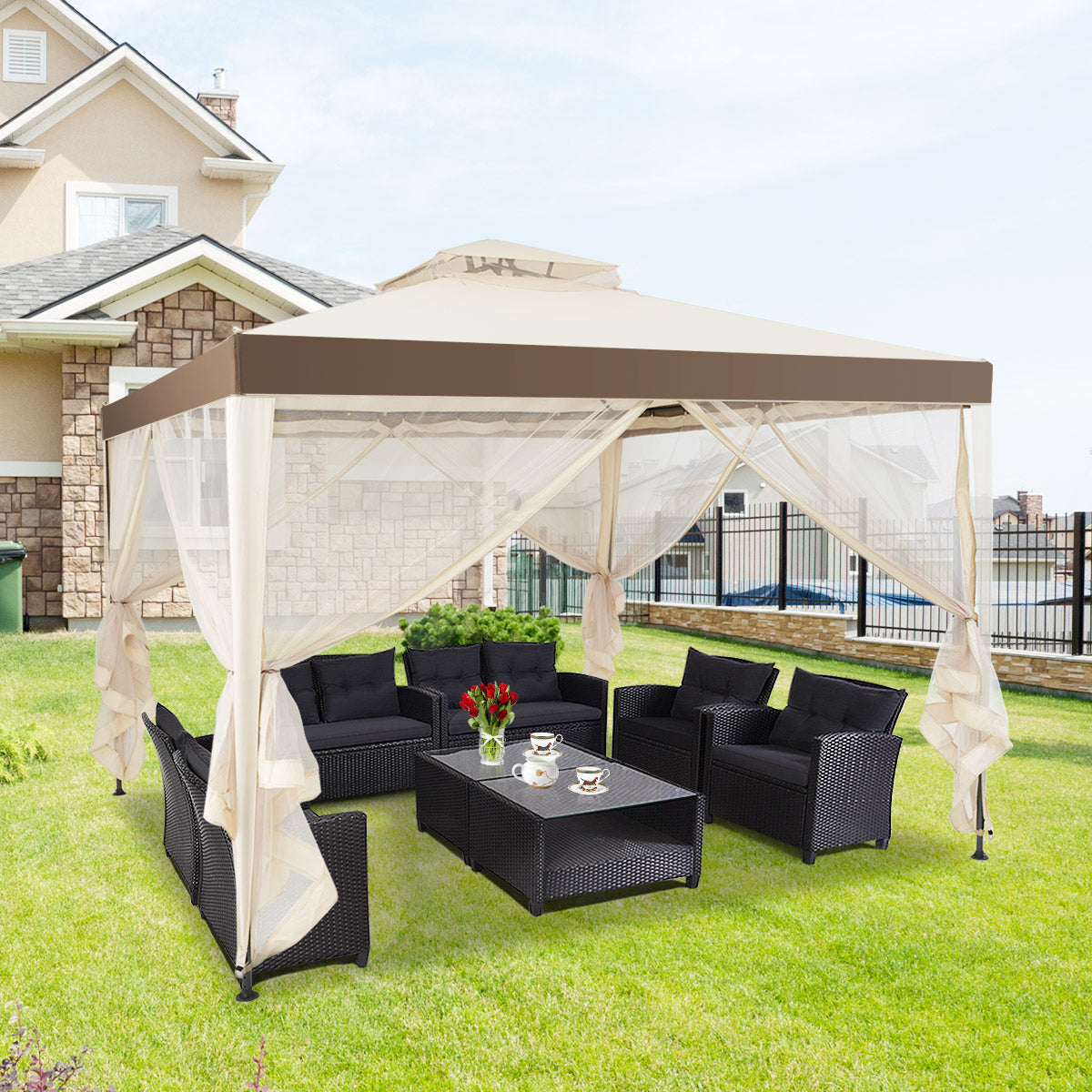 Coast Pavillon de jardin (tente de réception) - 4 parois latérales incluses, imperméable et anti-UV - 300 x 300 x 265 cm - Acier/Polyester - Beige