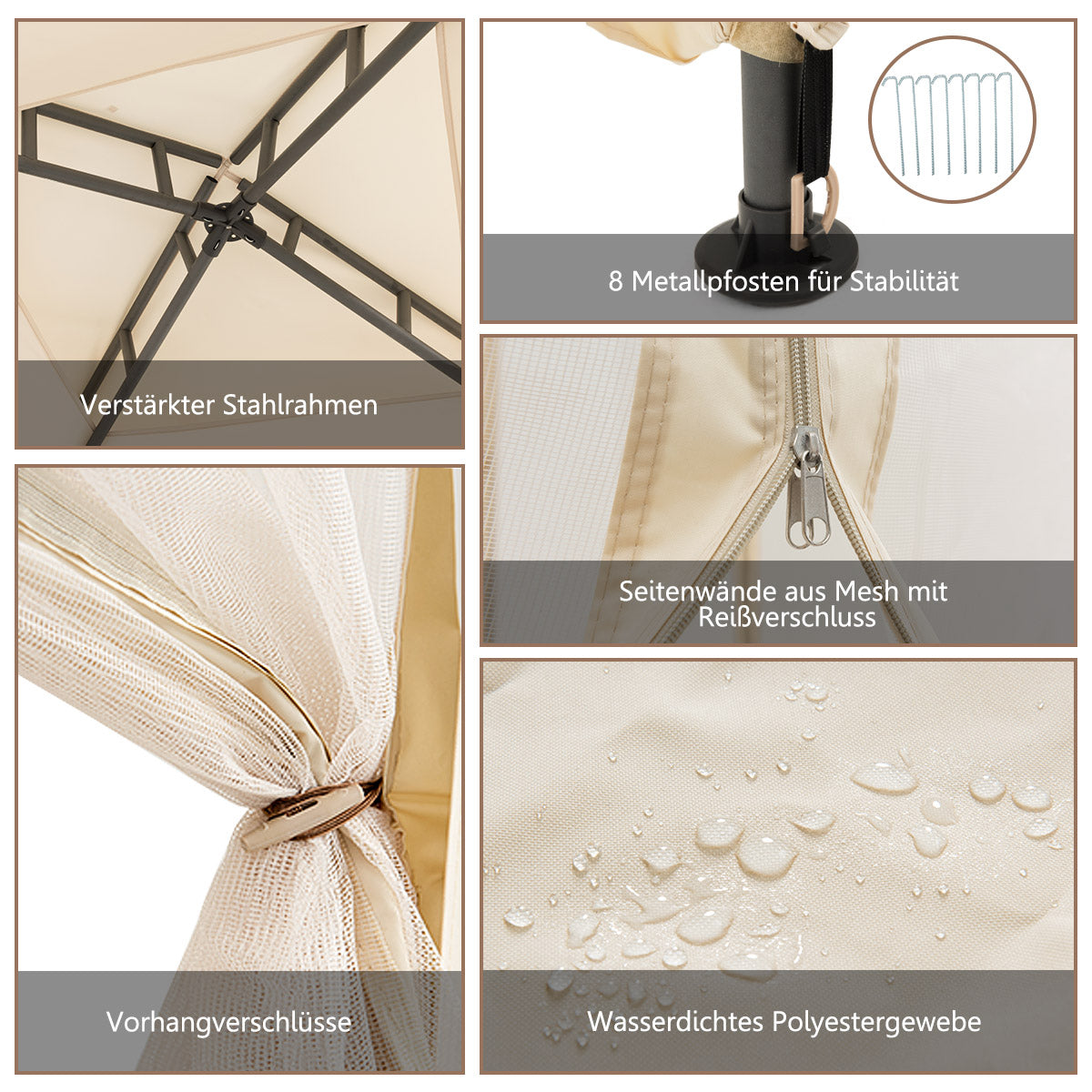 Coast Pavillon de jardin (tente de réception) - 4 parois latérales incluses, imperméable et anti-UV - 300 x 300 x 265 cm - Acier/Polyester - Beige