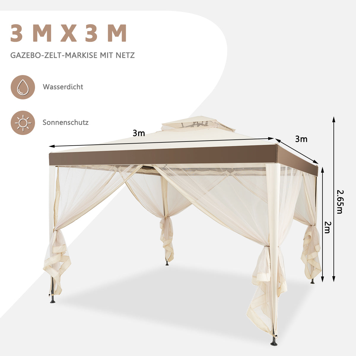 Coast Pavillon de jardin (tente de réception) - 4 parois latérales incluses, imperméable et anti-UV - 300 x 300 x 265 cm - Acier/Polyester - Beige