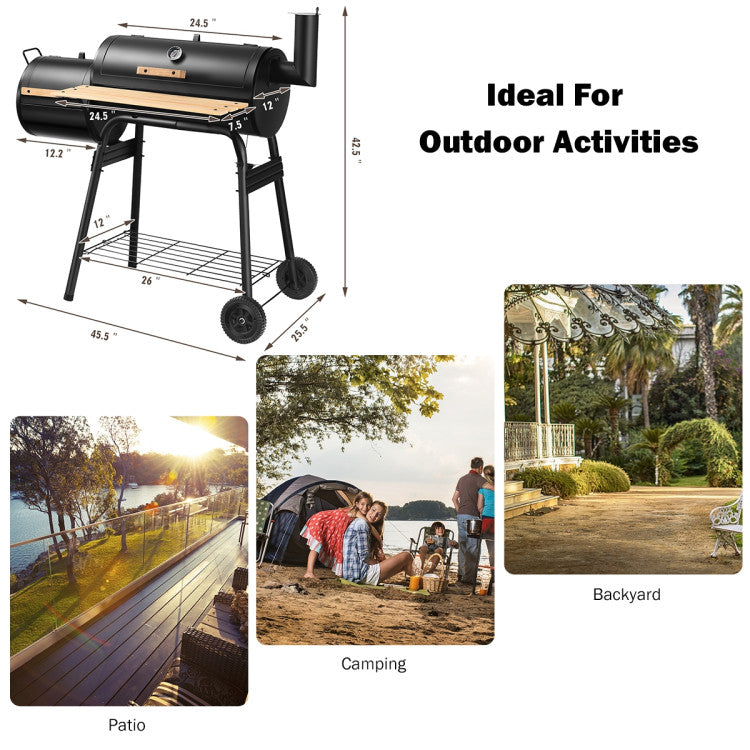 Barbecue robuste au charbon de bois avec fonction fumage et plan de travail en bois - idéal pour l'extérieur