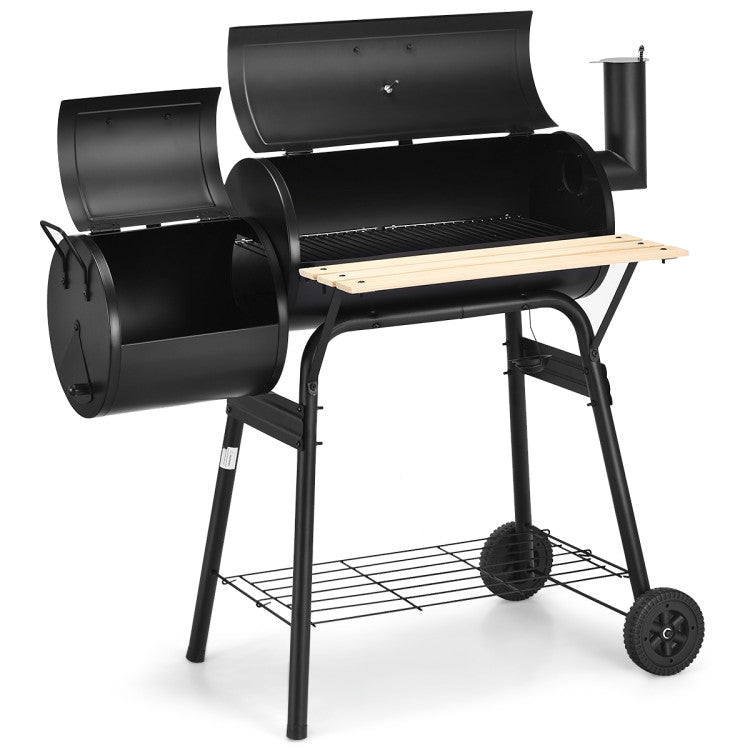 Barbecue robuste au charbon de bois avec fonction fumage et plan de travail en bois - idéal pour l'extérieur