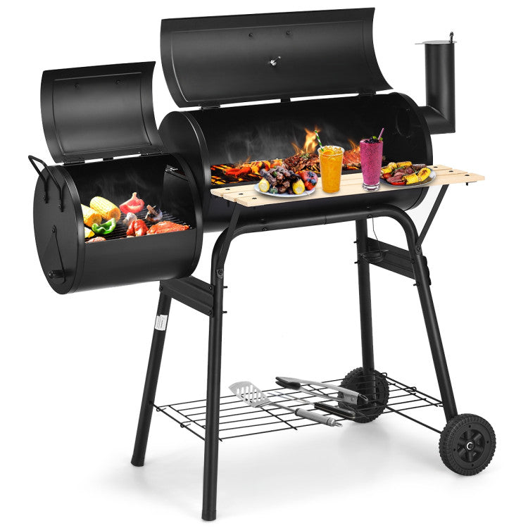 Barbecue robuste au charbon de bois avec fonction fumage et plan de travail en bois - idéal pour l'extérieur