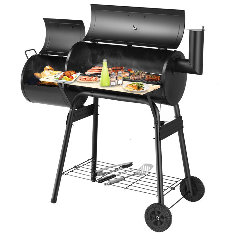 Barbecue robuste au charbon de bois avec fonction fumage et plan de travail en bois - idéal pour l'extérieur