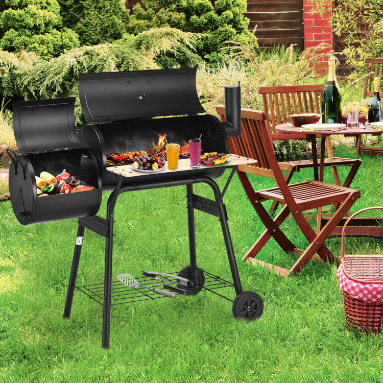 Barbecue robuste au charbon de bois avec fonction fumage et plan de travail en bois - idéal pour l'extérieur