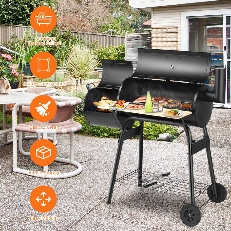 Barbecue robuste au charbon de bois avec fonction fumage et plan de travail en bois - idéal pour l'extérieur