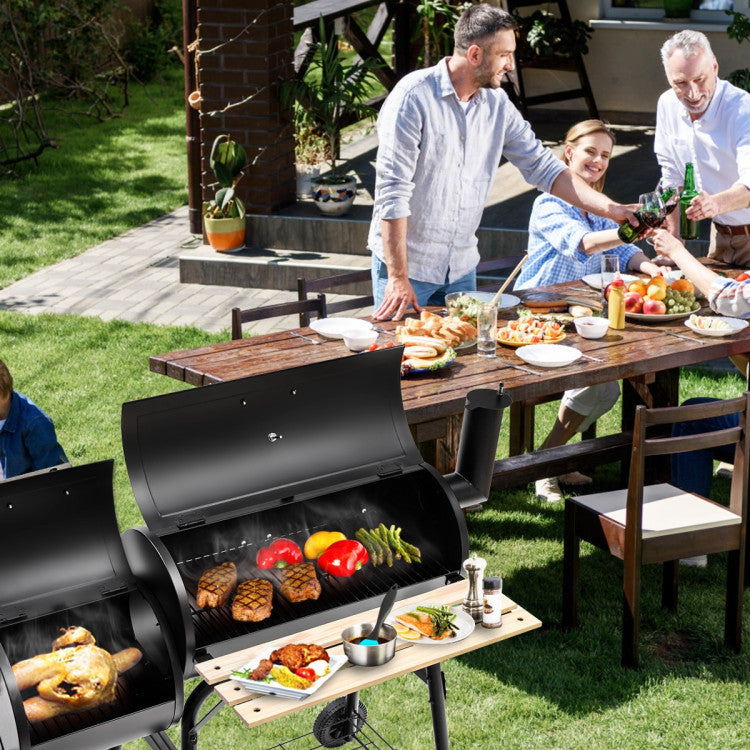 Barbecue robuste au charbon de bois avec fonction fumage et plan de travail en bois - idéal pour l'extérieur