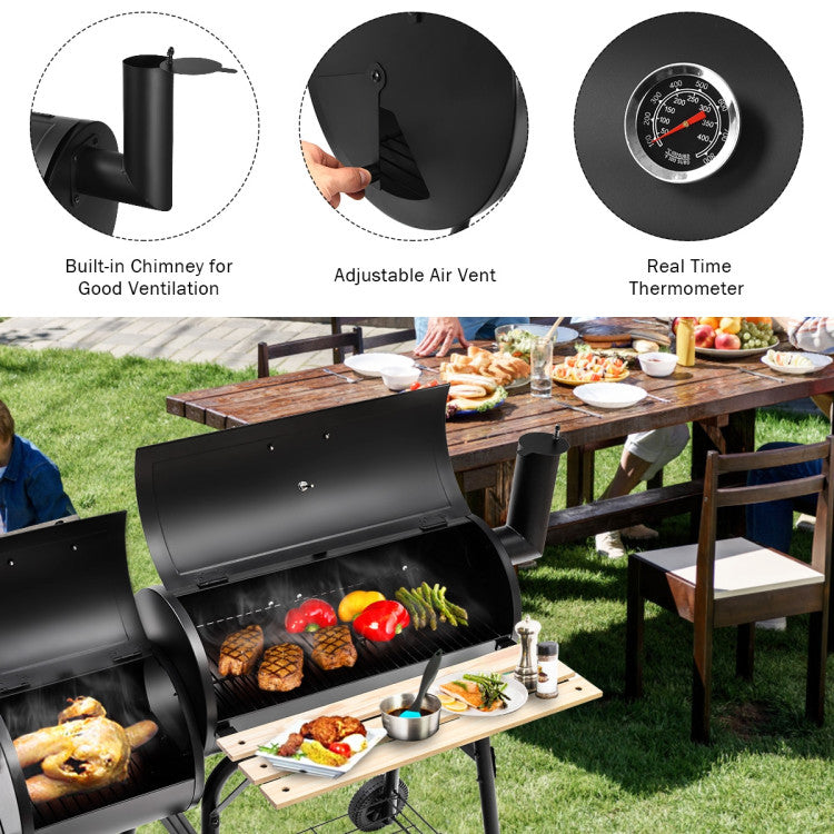 Barbecue robuste au charbon de bois avec fonction fumage et plan de travail en bois - idéal pour l'extérieur