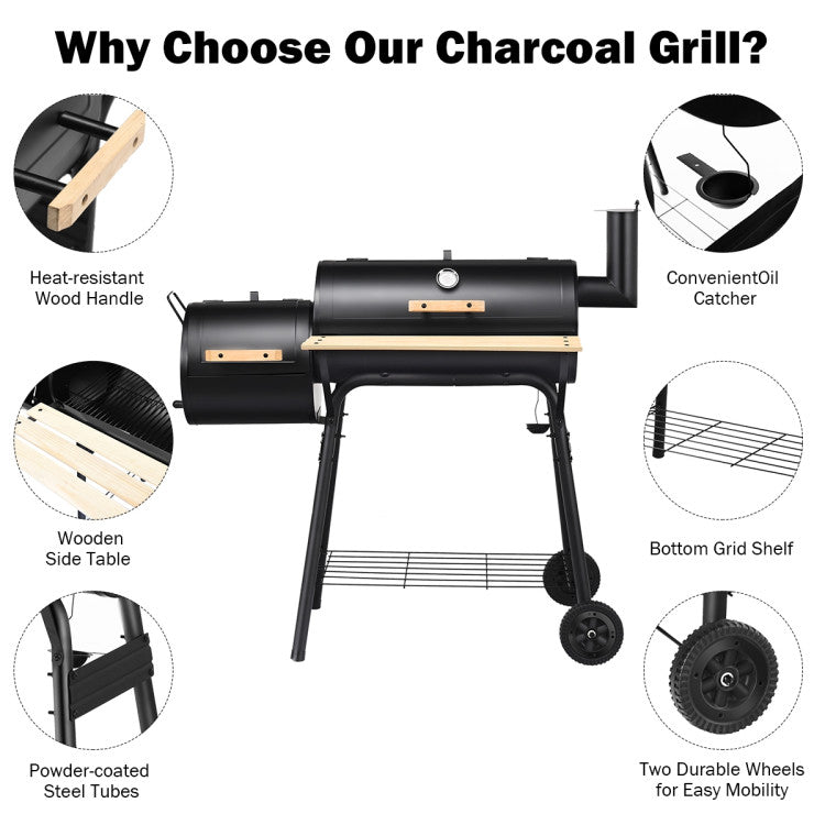 Barbecue robuste au charbon de bois avec fonction fumage et plan de travail en bois - idéal pour l'extérieur