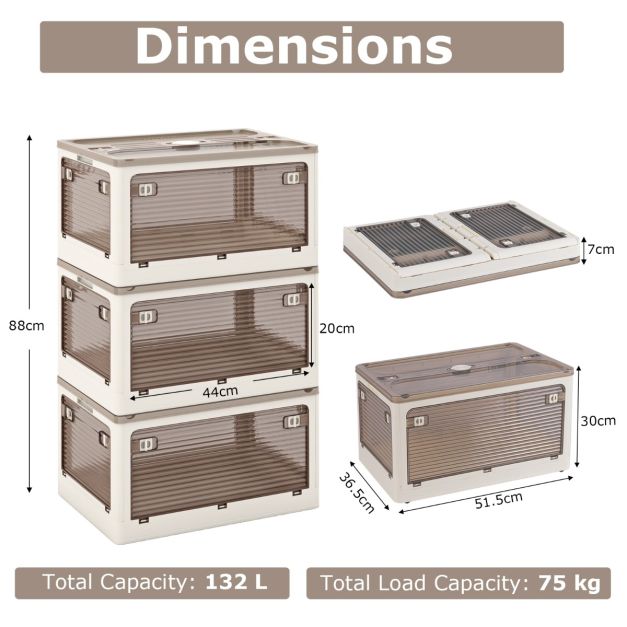 Coastway 3 bacs de rangement empilables - 132L - Blanc crème - 51,5 x 36,5 x 30 cm (par bac)