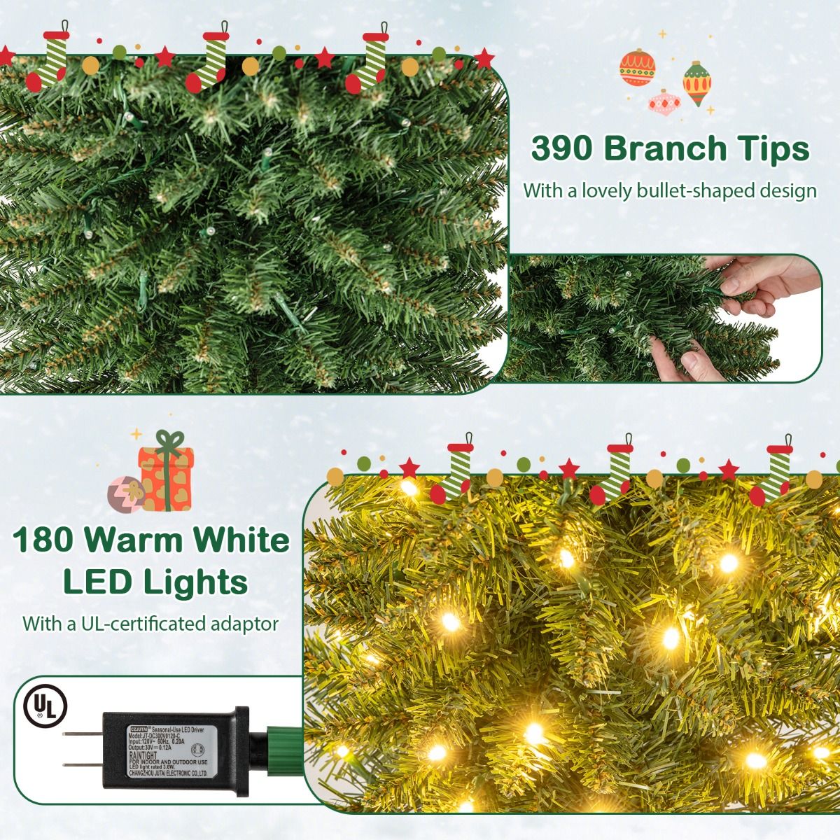 Coast Artificial Christmas Tree with 390 Branches - 180 Warm White LED Lights - 180 cm de haut - Vert