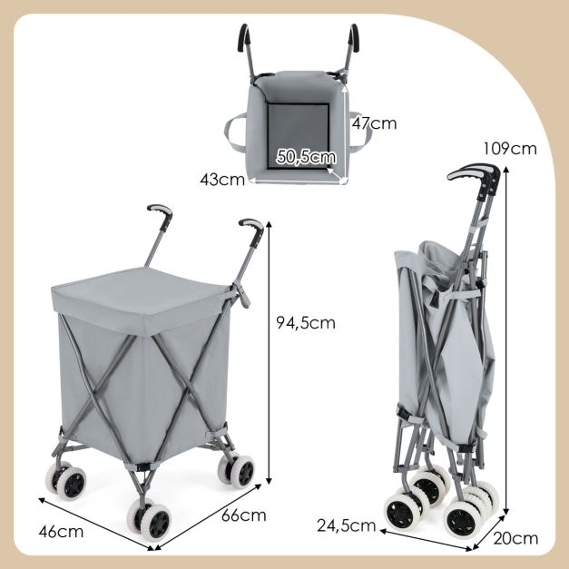 coast Chariot de shopping - Pliable - 90 litres - 66 x 46 x 94,5 cm - Gris