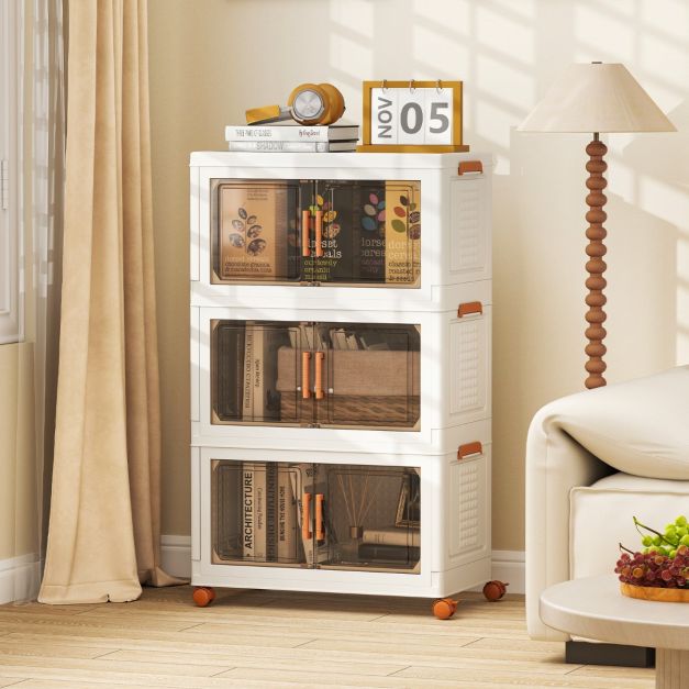 Coast Storage Boxes White/Brown - Organisateur pliable et empilable avec portes et roues - 57-156L