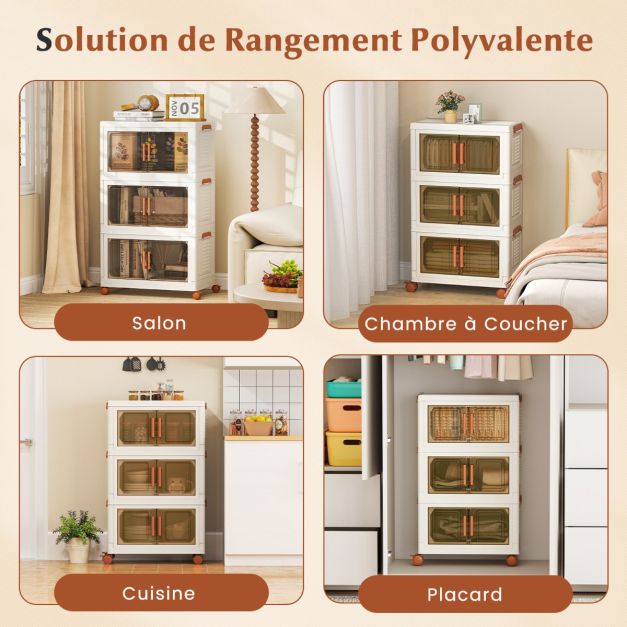 Coast Storage Boxes White/Brown - Organisateur pliable et empilable avec portes et roues - 57-156L