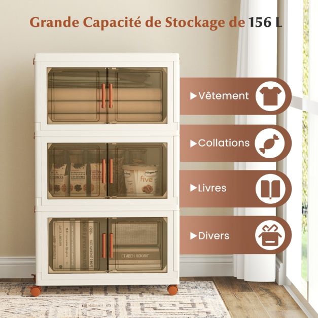 Coast Storage Boxes White/Brown - Organisateur pliable et empilable avec portes et roues - 57-156L